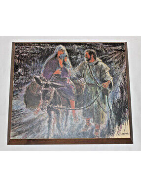 Vintage Flight Into Egypt Religious Wood Wall Plaque w/ Original Box R. Hook